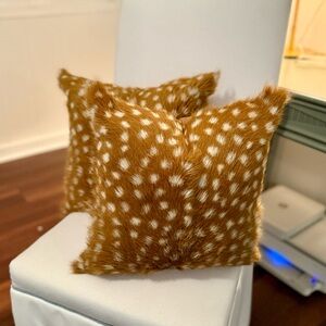 Brown White Faux Goat Hair Throw Pillows (2)